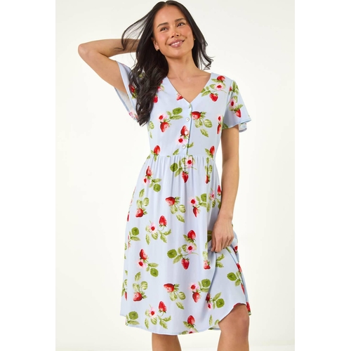 Strawberry Print Pocket Dress - Blue - Floral - Size: 16
