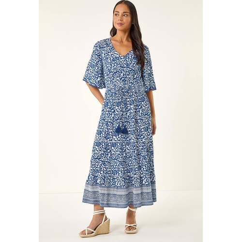 Roman Print Tassel Tie Waist Midi Dress - Blue - Size 10