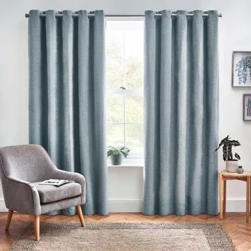 furn. Harris Duck Egg Herringbone Chenille Lined Eyelet Curtains (W)167Cm (L)183Cm, Pair - Blue
