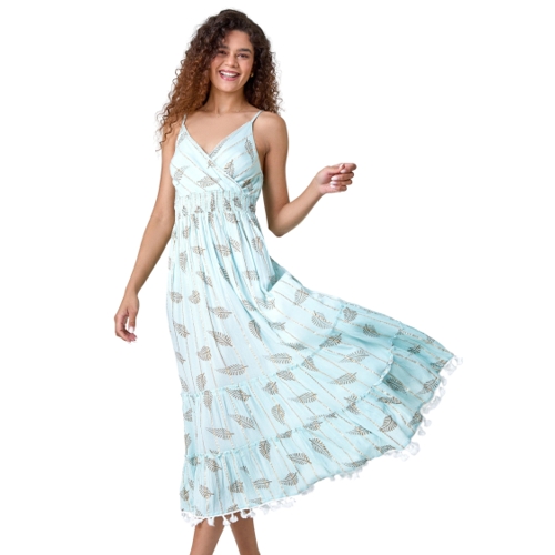 Metallic Leaf Print Shirred Maxi Dress - Roman - Blue - Floral - 20