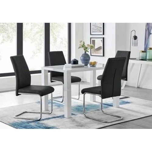 Pivero Dining Set - White High Gloss Dining Table and 4 Black Lorenzo Chairs Set - Black