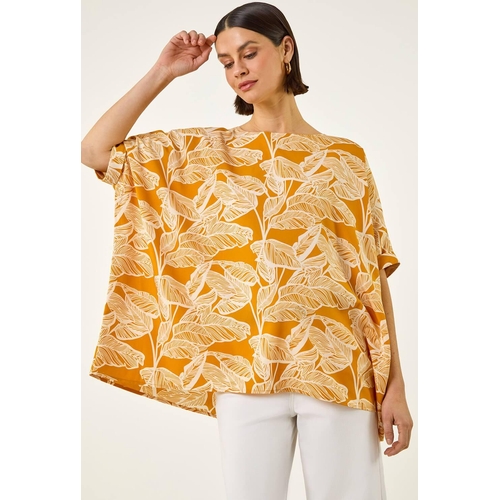 Roman Leaf Print Buttoned Back Top - Yellow - M