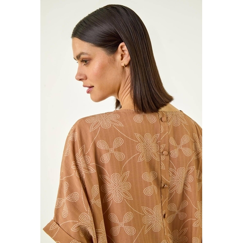 Roman Floral Textured Buttoned Back Top - Beige - Floral - M