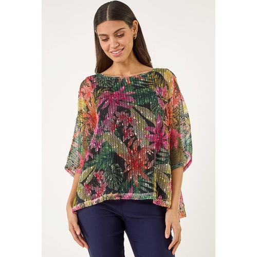 Roman Floral Print Mesh Overlay Top - Pink - Size 20