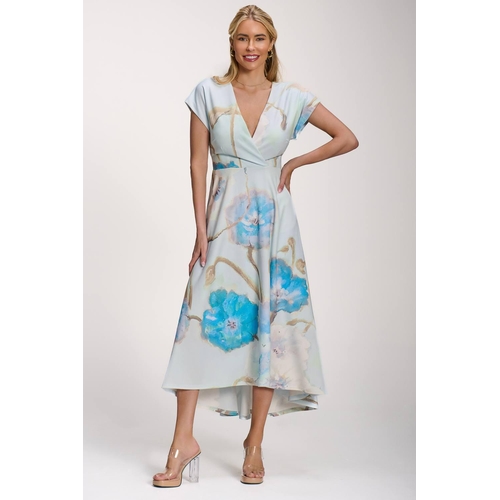 Jolie Moi Printed Scuba Dipped Hem Midi Dress - Blue - Floral - 16