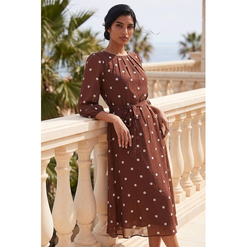 Polka Dot Chiffon Pleated Midi Dress - Brown - 20