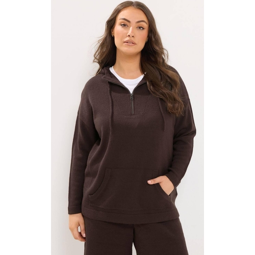 Yours Quarter Zip Knitted Hoodie - Brown - 14