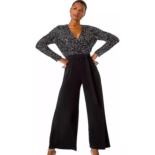 Roman Sequin Wrap V-Neck Stretch Jumpsuit - Black - 22
