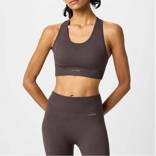 USA Pro Seamless Crop Sports Bra - Brown - Size UK 6