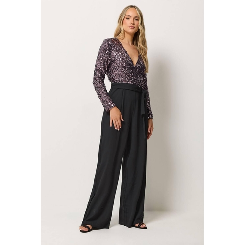 Long Tall Sally Sequin Embellished Wide Leg Jumpsuit - Black - 12