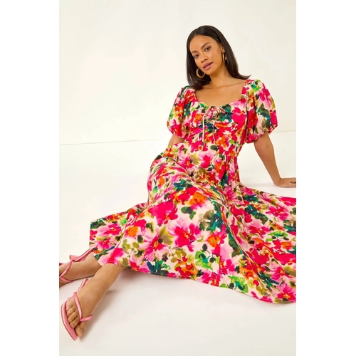 Floral Pleated Puff Dress - Red - Floral - 12