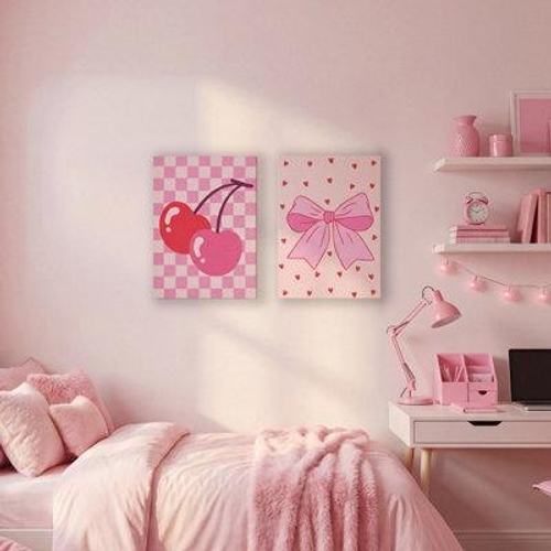 Arthouse Cherry Ribbon Pink Canvas Art - Checkered
