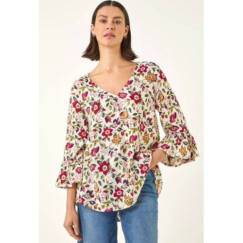Roman Floral Print Flare Sleeve Top - V-Neck - Size: 14