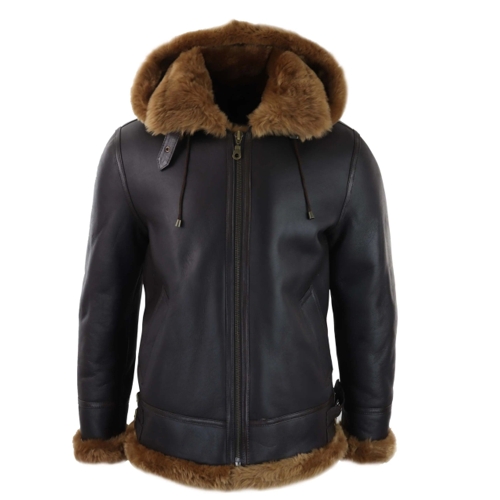 Sherling Sheepskin Hood Jacket Aviator - Brown - XXXXL