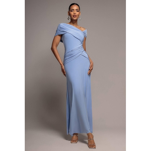 Goddiva Asymmetric Neck Gathered Waist Maxi Dress - Blue - Size 16