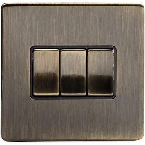 The Soho Lighting Company Antique Brass 3 Gang Intermediate Switch Black Insert Screwless - Black