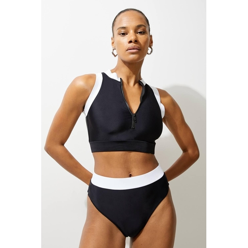 Karen Millen High Waist High Cut Bikini Bottoms - Black - L