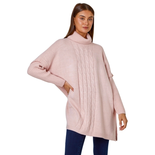 Cable Knit Roll Neck Poncho Jumper - Roman - Pink