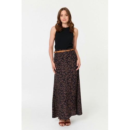 Izabel London Leaf Print Belt High Waist Maxi Skirt - Blue - 18