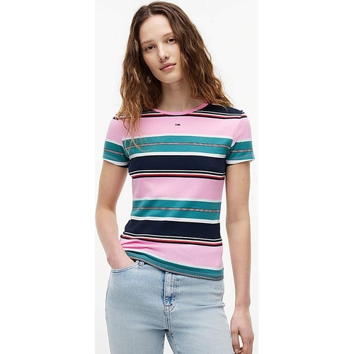TOMMY JEANS SLIM ESSENTIAL RIB TEE - Slim - Crew Neck - Pink - M