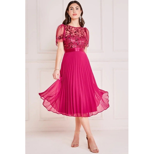 Goddiva Embroidered Top Chiffon Pleated Midi Dress - Pink - UK 10