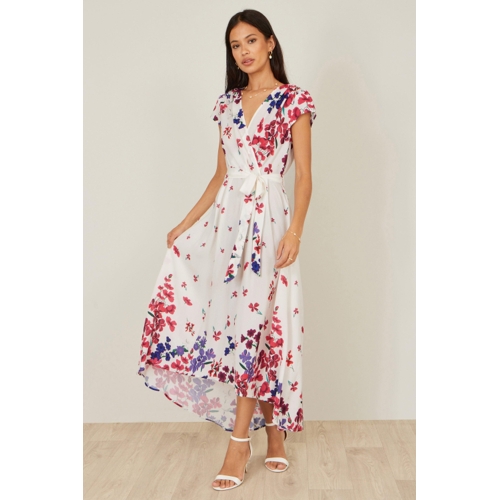 Yumi Ivory Floral Mirror Wrap Dress With Dip Hem - Size UK 6