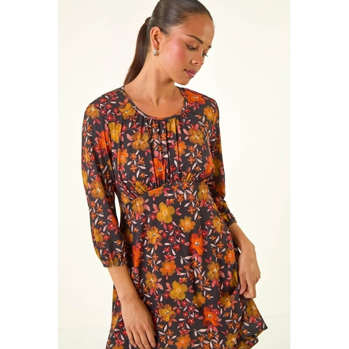 Petite Floral Gathered Short Dress - Orange - 8