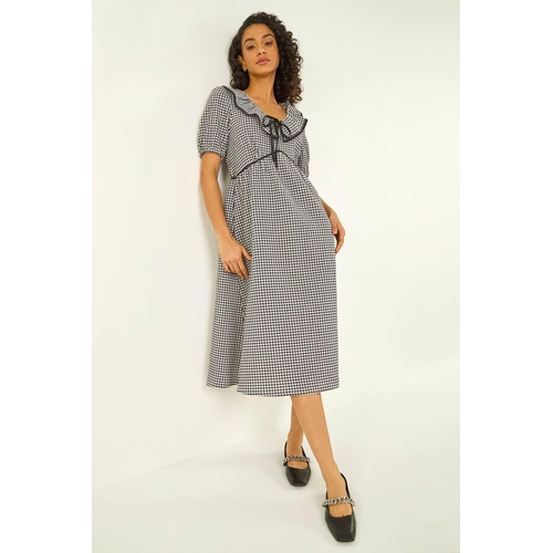 Dusk Gingham Frill Tie Midi Dress - Checkered - Black - Size 12