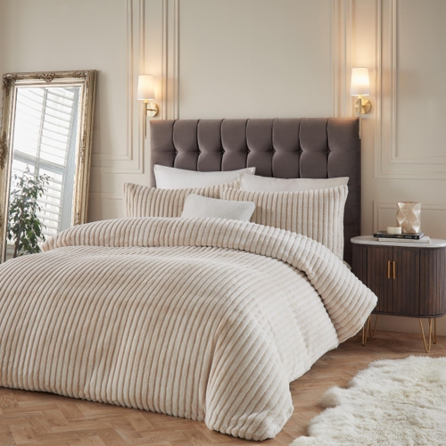 Alpine Striped Faux Fur Duvet Cover Set - Beige