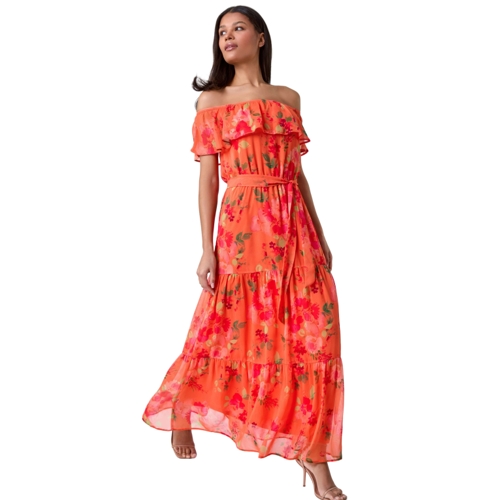 Floral Tiered Bardot Belted Dress - Roman - Orange - Floral - UK 16