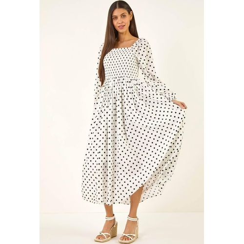 Spot Shirred Midi Dress - Roman - White - Polka Dot - 16