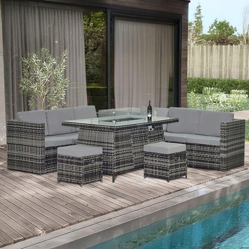 Alivio 8 Seater Luxury Rattan Furniture Set With Built-In Fire Pit In Centre - Grey