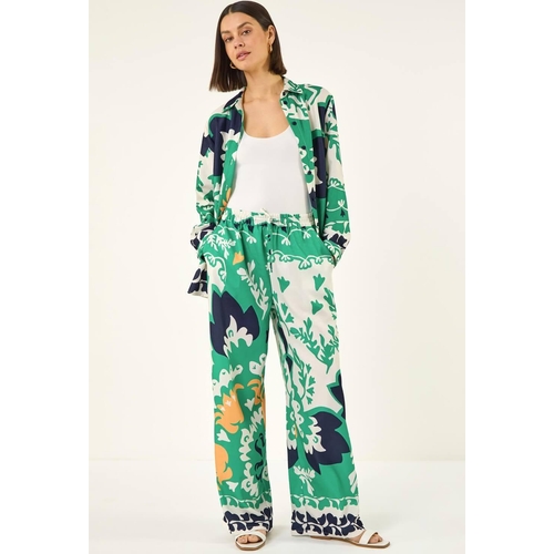 Border Print Wide Leg Trouser - Floral - Green - Size: 14