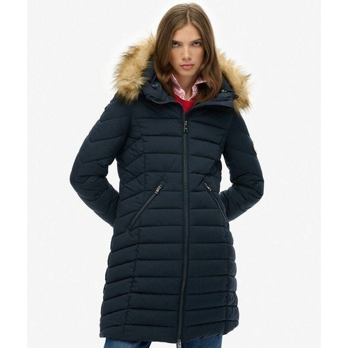 Superdry Fuji Faux Fur Hood Mid Length Coat - Blue - L