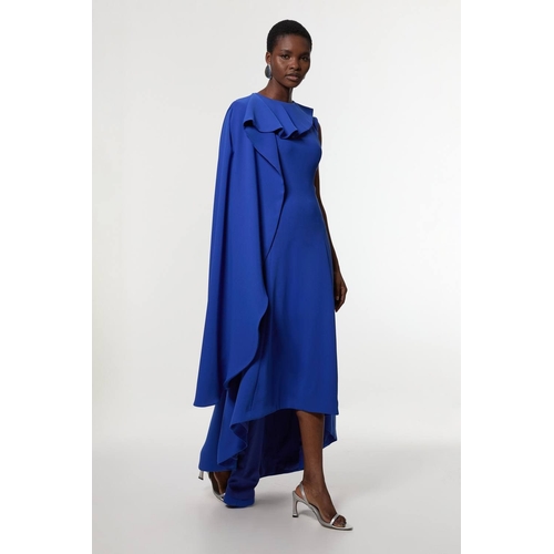 Soft Tailored Colour Block Cape Detail Full Skirted Maxi Dress - Blue - Floral - 6