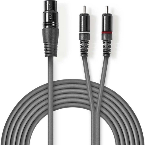 Nedis XLR Female to 2x Phono RCA Plug Stereo Audio Patch Cable Adapter Lead 3m - Grey