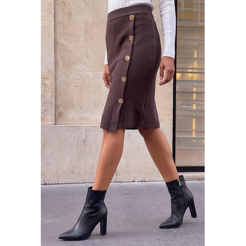 Button Front Wrap Skirt - Brown - 14