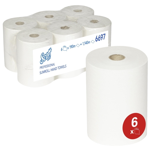 Scott Slimroll Hand Towels - 1 Ply, White, 6 rolls x 190 m