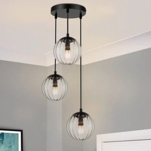 Cosylyte Kingston 3 Light Modern Ribbed Glass Pendant Light - Matt Black Base
