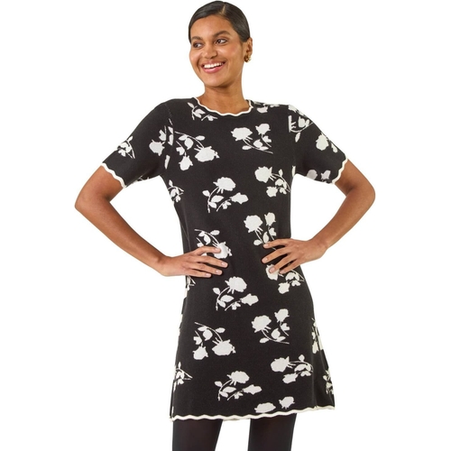 Floral Print Scallop Knitted Dress - Black - 18