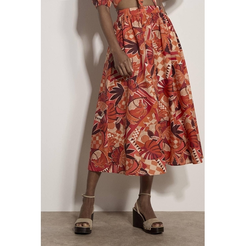 Apricot Tropical Leaf Patchwork Midi Skirt - Red - 14