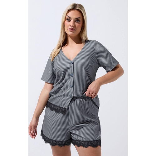 Yours Pinstripe Lace Trim Shorts - Grey - 14