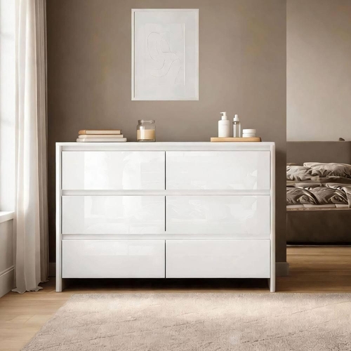 Home Source Ardenza High Gloss Wide Chest of 6 Drawers - White