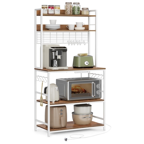 VASAGLE Kitchen Storage Rack with Power Outlet, Coffee Bar, Baker's Rack - Rustic Walnut and White