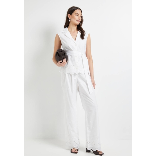 Principles Straight Leg Scallop Edge Broderie Trouser - White - 10