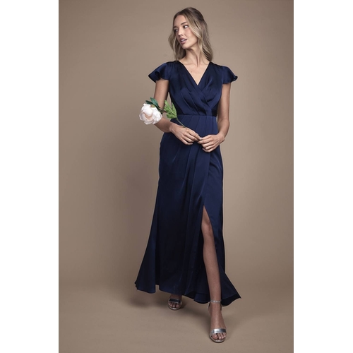 Coast Wrap Front Flutter Sleeve Maxi Bridesmaid Dress in Navy - Size: 12