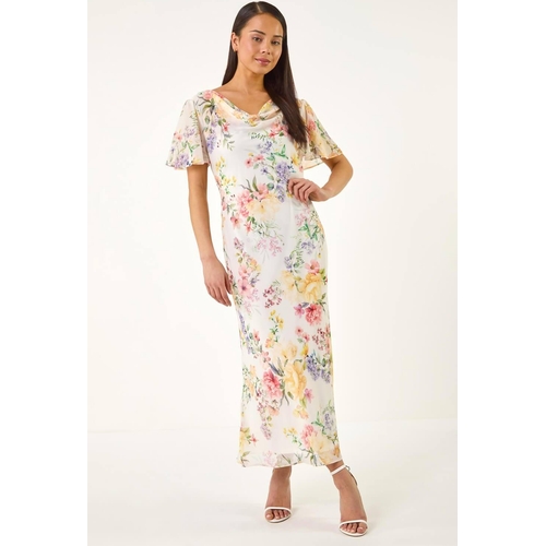 Floral Cowl Neck Midi Dress - White - Size 14