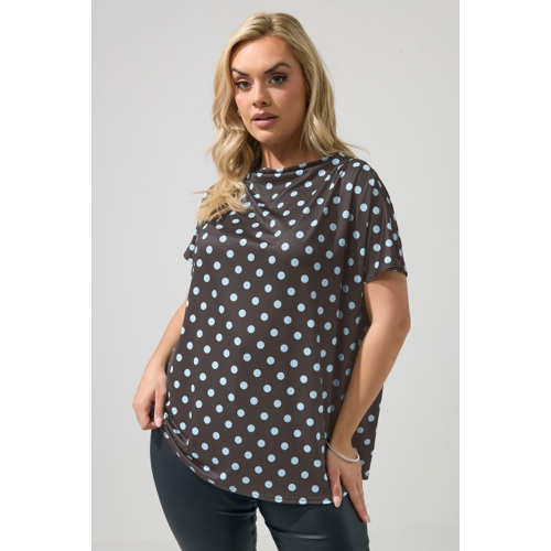 Yours London Curve Chocolate Brown Polka Dot Drape Shoulder Top - Size 16