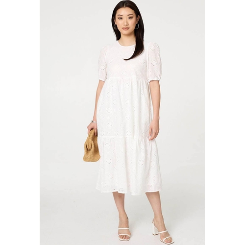 Izabel London Broderie Anglaise Tiered Midi Dress - White - 16