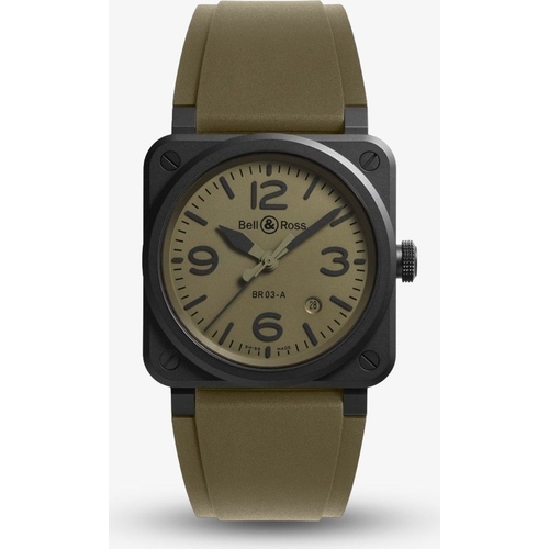 Bell & Ross BR 03 Military Khaki Green Rubber Strap Watch - BR03A-MIL-CE/SRB